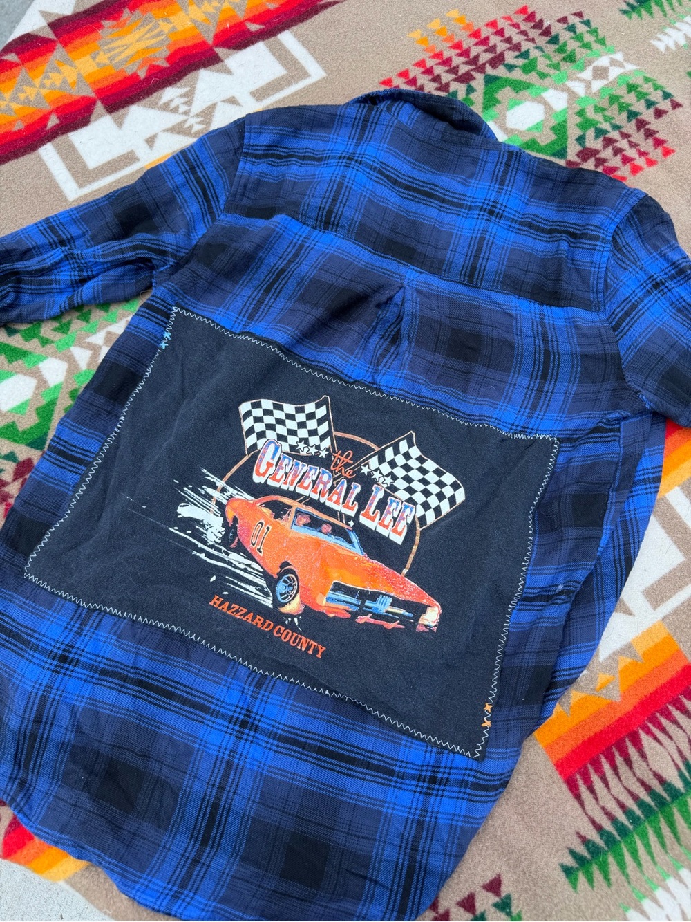 Blue Plaid Flannel Shirt with Orange 'The General Lee' Patch
